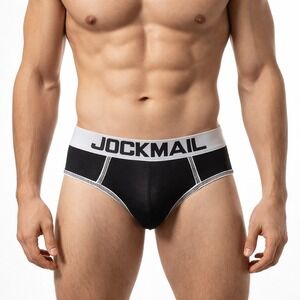 Jockmail Medium (27-30) Mens Enhancing Briefs Black White Logo Waistband JM340